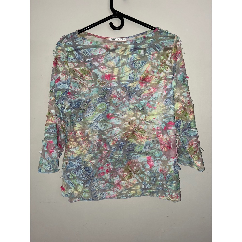 SnoSkins Mosaic Top Women XL Multi Color Sheer Mesh Abstract 3/4 Sleeve Art